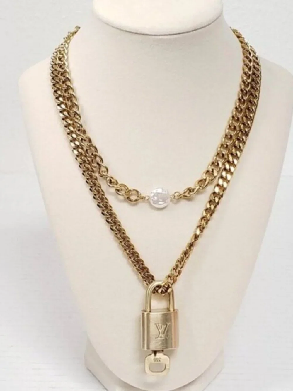 Stainless Steel Gold-Plated Necklace with Authentic Louis Vuitton Padlock